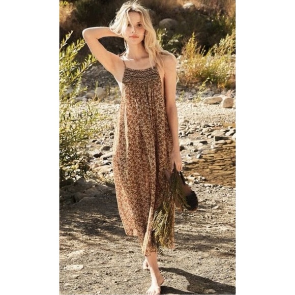 Doen Dresses & Skirts - DOEN Thoreau Light Brown Floral Sleeveless Organic Cotton Light Midi Dress sz M